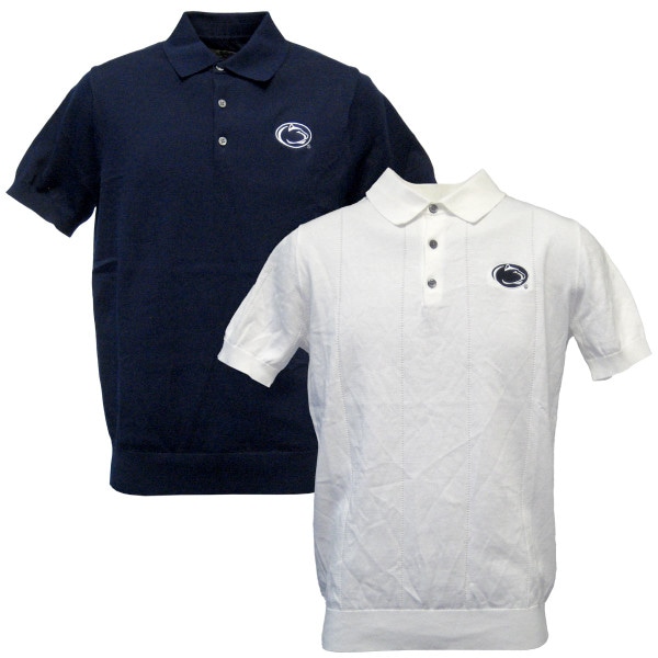 navy and white cotton/silk polo shirts with embroidered Penn State Athletic Logo on left chest